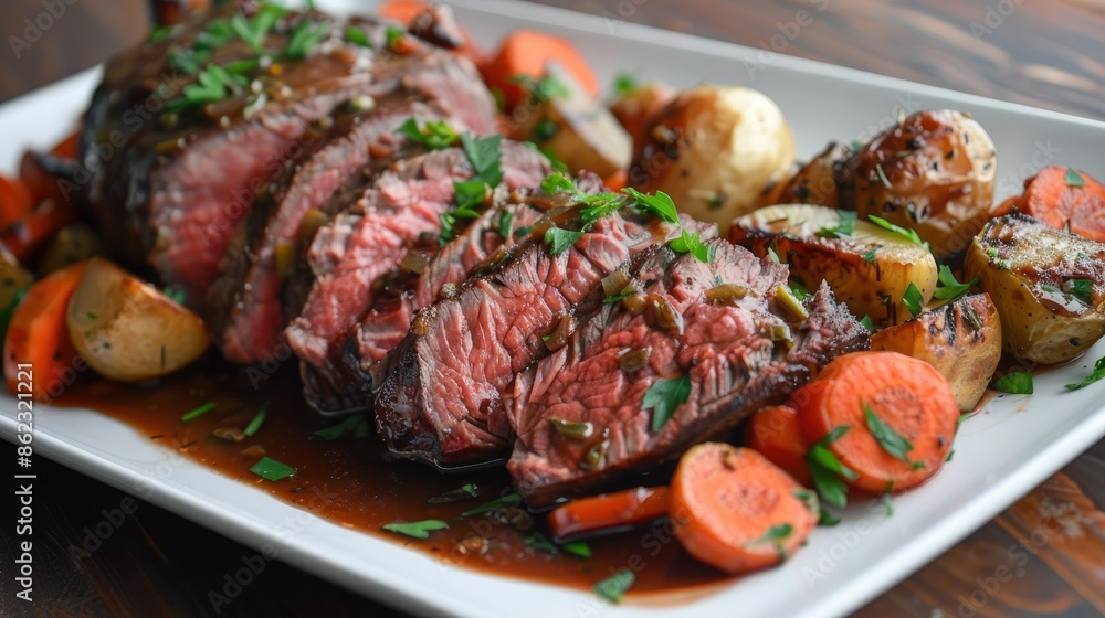 Sliced roast beef with a modern twist on Sunday roast vegetables and gravy Sliced roast beef with a modern twist on Sunday roast vegetables and gravy