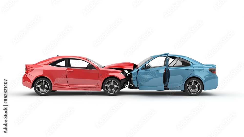 Red and Blue Cars involved in a serious traffic collision. Concept of road safety, car insurance, and accident. Red and Blue Cars involved in a serious traffic collision. Concept of road safety, car insurance, and accident.