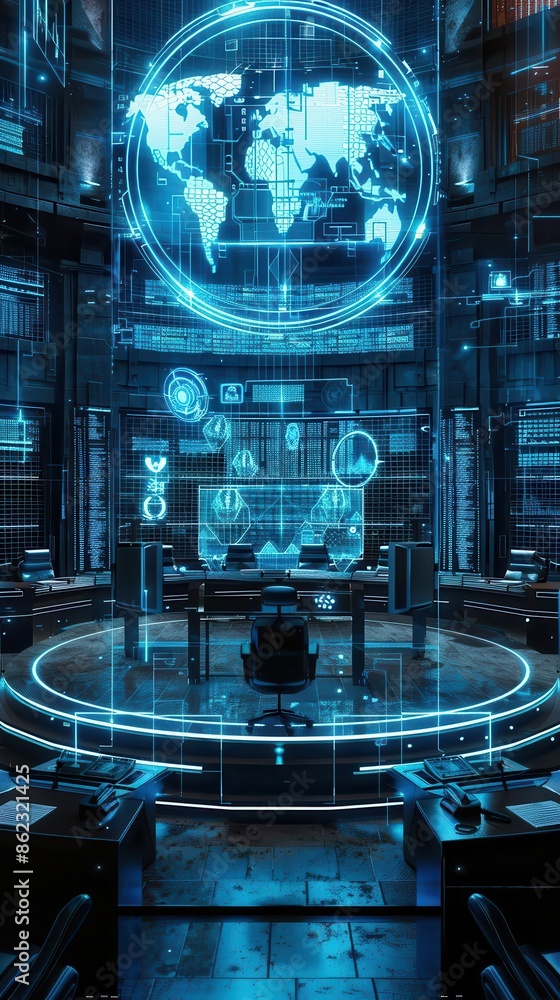 Futuristic control room with digital world map projection, high-tech screens, and glowing holographic interface. Ideal for sci-fi themes. Futuristic control room with digital world map projection, high-tech screens, and glowing holographic interface. Ideal for sci-fi themes.