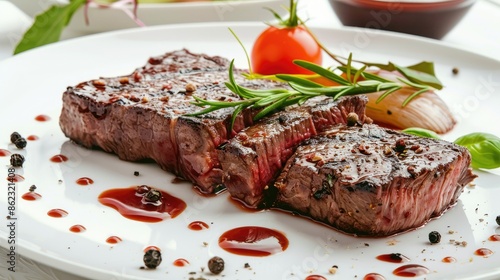 Tender beef steak with a drizzle of sauce on a plate, isolated on white