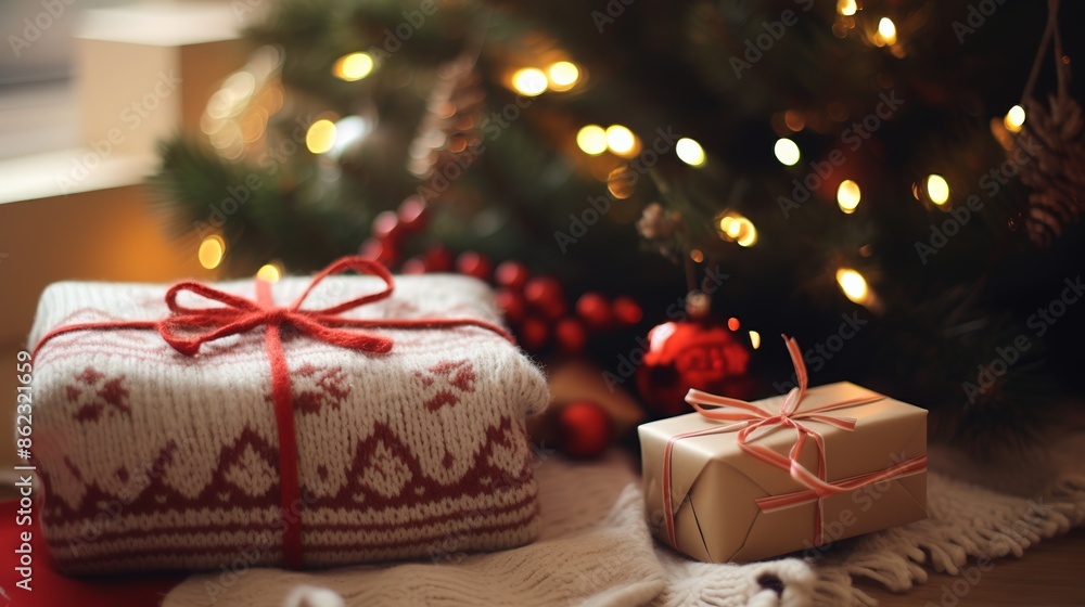 presents and a fair isle jumper with a bow and a gift card with the message Stay warm writen on it. presents and a fair isle jumper with a bow and a gift card with the message Stay warm writen on it.