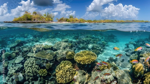 Turquoise waters revealing a flourishing coral reef with an abundance of tropical fish