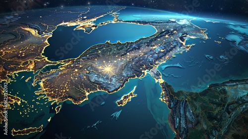A satellite photo of Turkey at night showcases the vibrant city lights sprawling across the country. This mesmerizing view highlights Turkey's strategic position, bridging Europe and the Middle East