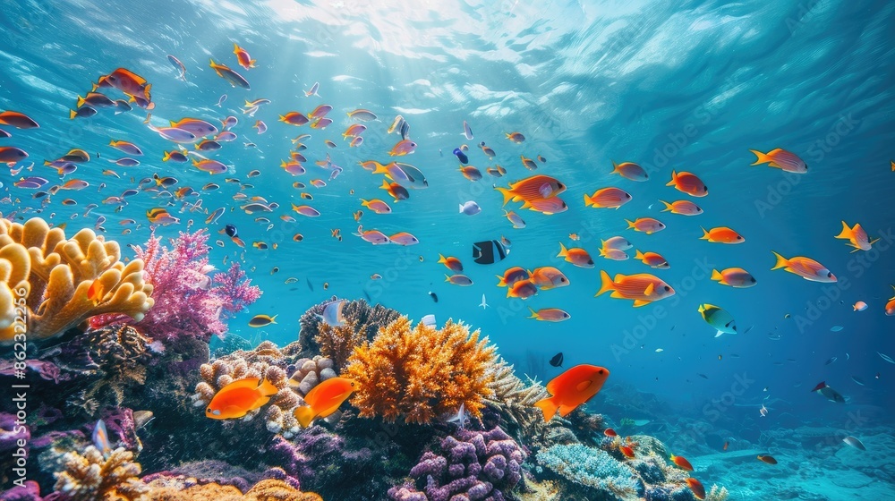 Naklejka premium Vibrant tropical coral reef teeming with colorful fish and diverse marine life in clear blue waters