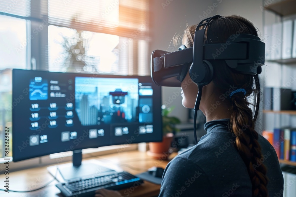 Woman in a dark room using a VR headset and computer, navigating virtual worlds for work or entertainment purposes Woman in a dark room using a VR headset and computer, navigating virtual worlds for work or entertainment purposes