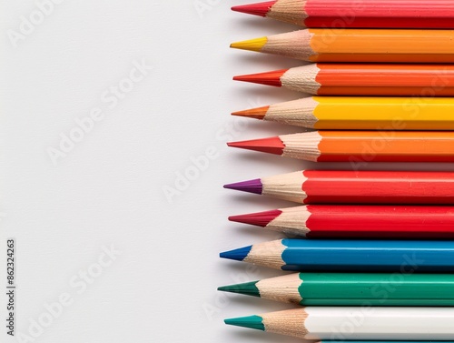 colorful pencils lined up on white background - minimalist art supplies photography.