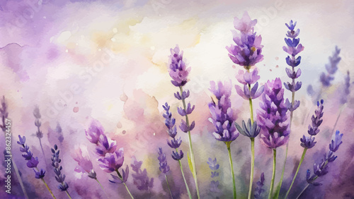 Watercolor background of lavender blossoms