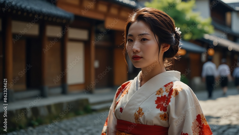 Asian woman wearing traditional Japanese kimono walking in the old town of Kyoto, Japan. Asian woman wearing traditional Japanese kimono walking in the old town of Kyoto, Japan.