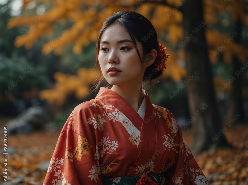 attractive asian woman wearing kimono in autumn, A Japanese-style girl. attractive asian woman wearing kimono in autumn, A Japanese-style girl.
