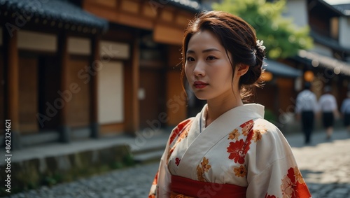 Asian woman wearing traditional Japanese kimono walking in the old town of Kyoto, Japan.