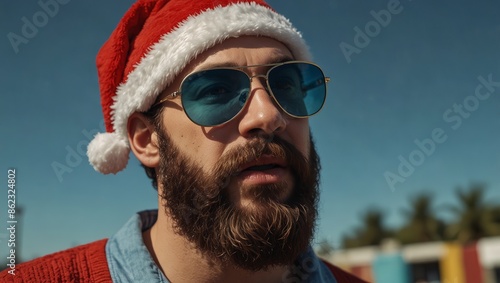 Bearded man wearing Santa hat and sunglasses - pop art style - lose-up - quirky and eccentric yet charming - blue skies. photo