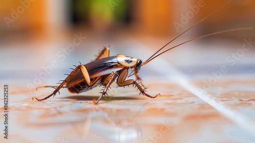 Close-up of a cockroach on a kitchen floor, pest, insect, household pest photo