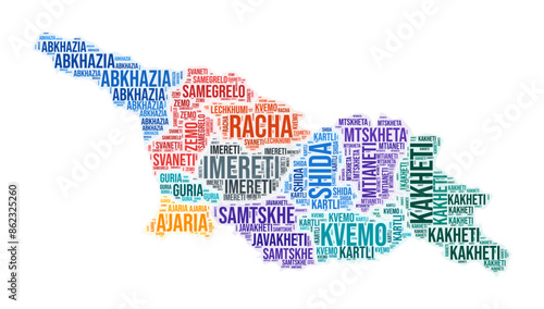 Georgia region word cloud. Country shape design. Georgia colored illustration. Region names collage cloud. Vector illustration.