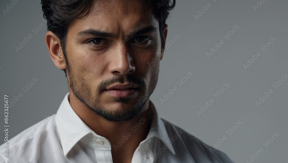 A close-up of a person wearing a white shirt, showcasing their expression and attire with a simple background. A close-up of a person wearing a white shirt, showcasing their expression and attire with a simple background.