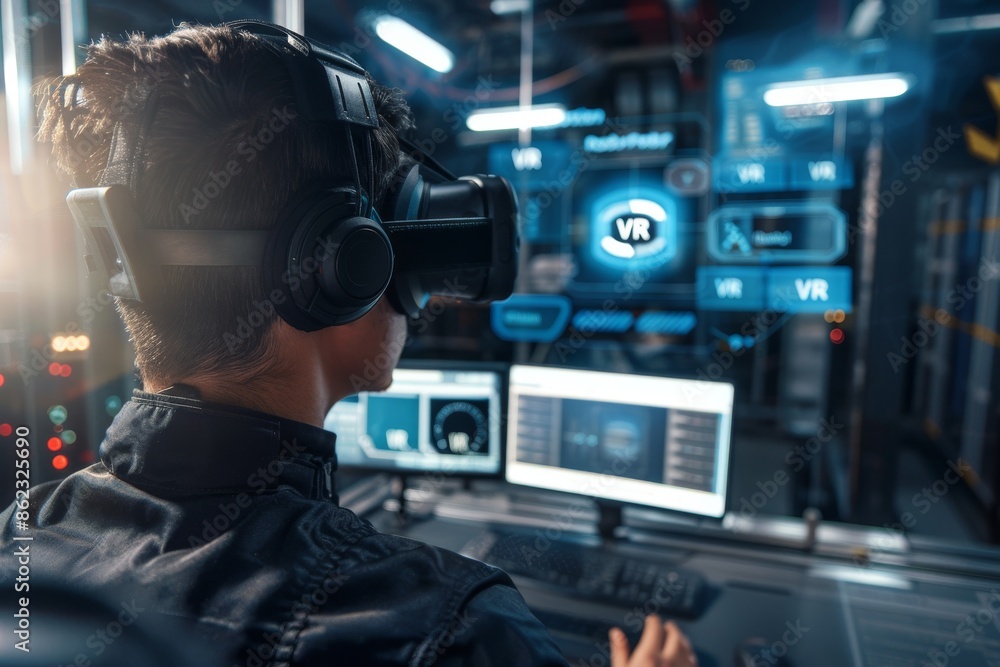 Man using a VR headset in a dark room with multiple screens, fully immersed in virtual reality content for entertainment or work Man using a VR headset in a dark room with multiple screens, fully immersed in virtual reality content for entertainment or work