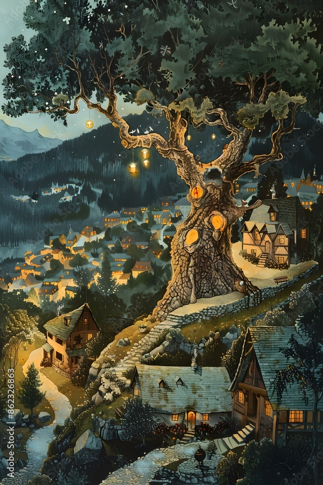 Obraz premium Enchanted Village Under the Oak Tree