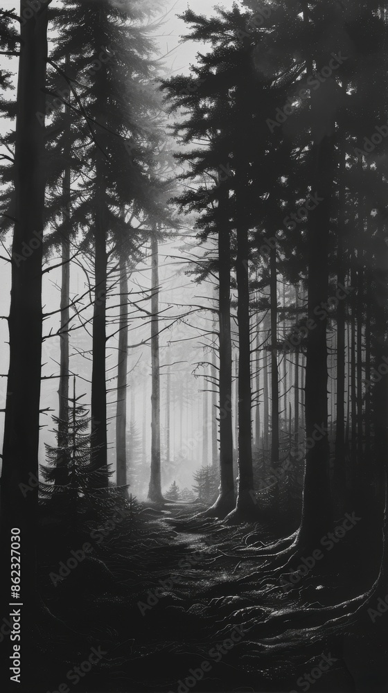 Fototapeta premium Mystical forest with tall pine trees shrouded in dense fog, creating an eerie and captivating atmosphere.