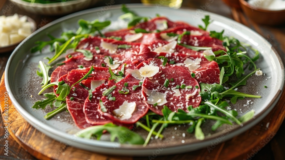Delectable Beef Carpaccio Platter with Arugula and Parmesan Garnish   A Sophisticated Italian Inspired Appetizer Featuring Thinly Sliced Raw Beef Fresh Greens and Shavings of Premium Cheese