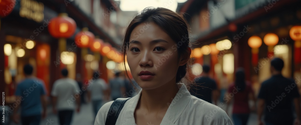 chinese, asian woman walks in a chinatown. chinese, asian woman walks in a chinatown.