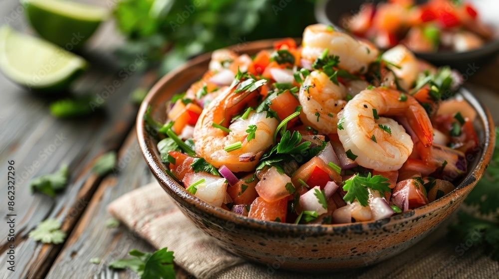 Closeup of a delicious shrimp ceviche bowl with fresh lime wedges and cilantro garnish served on a rustic wooden table Closeup of a delicious shrimp ceviche bowl with fresh lime wedges and cilantro garnish served on a rustic wooden table