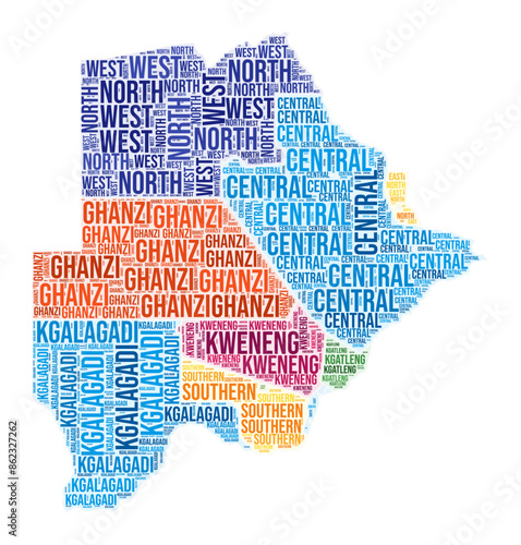 Botswana region word cloud. Country shape design. Botswana colored illustration. Region names collage cloud. Vector illustration.
