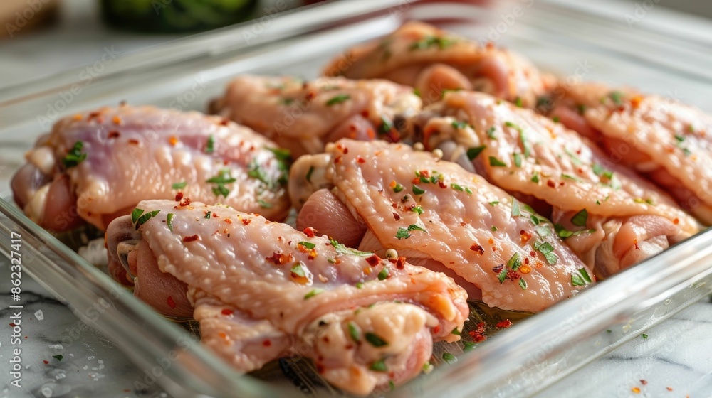 Close up of raw chicken wings with a flavorful marinade of herbs and spices ready to be cooked in the kitchen The wings are arranged on a plate showcasing their uncooked Close up of raw chicken wings with a flavorful marinade of herbs and spices ready to be cooked in the kitchen The wings are arranged on a plate showcasing their uncooked