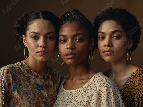 A diverse group of women with varying skin tones, united in their unique beauty and identities United Beauty Diverse Skin Tones. photo