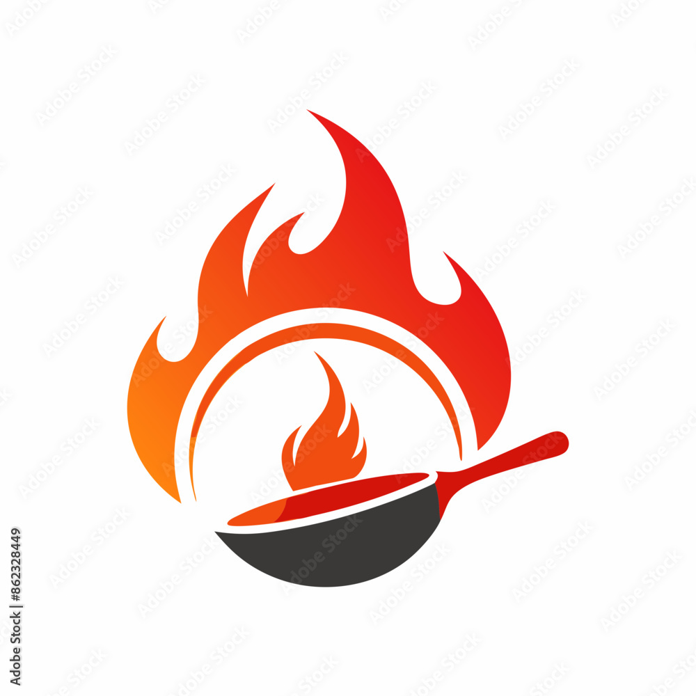 A simple and minimalist restaurant logo with a pan, flying food elements, and a flames icon A simple and minimalist restaurant logo with a pan, flying food elements, and a flames icon