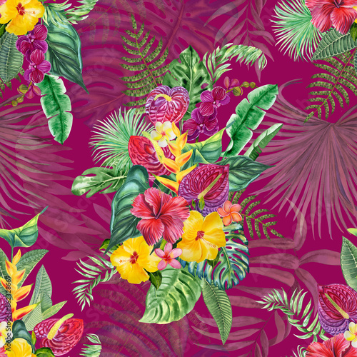 Bright tropical flowers and leaves watercolor hand drawn seamless pattern. Exotic plants summer background. Palm leaves and Hawaiian branches print for fabric and wallpaper.