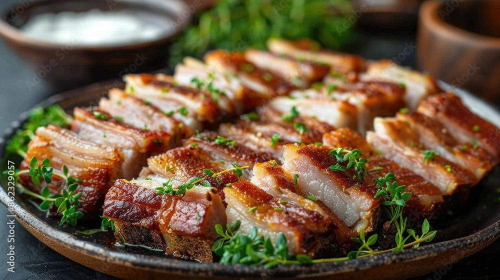 Thinly sliced pork belly crispy and golden brown is artfully arranged on a wooden platter and garnished with fresh vibrant herbs This savory and flavorful dish is a tantalizing culinary delight Thinly sliced pork belly crispy and golden brown is artfully arranged on a wooden platter and garnished with fresh vibrant herbs This savory and flavorful dish is a tantalizing culinary delight
