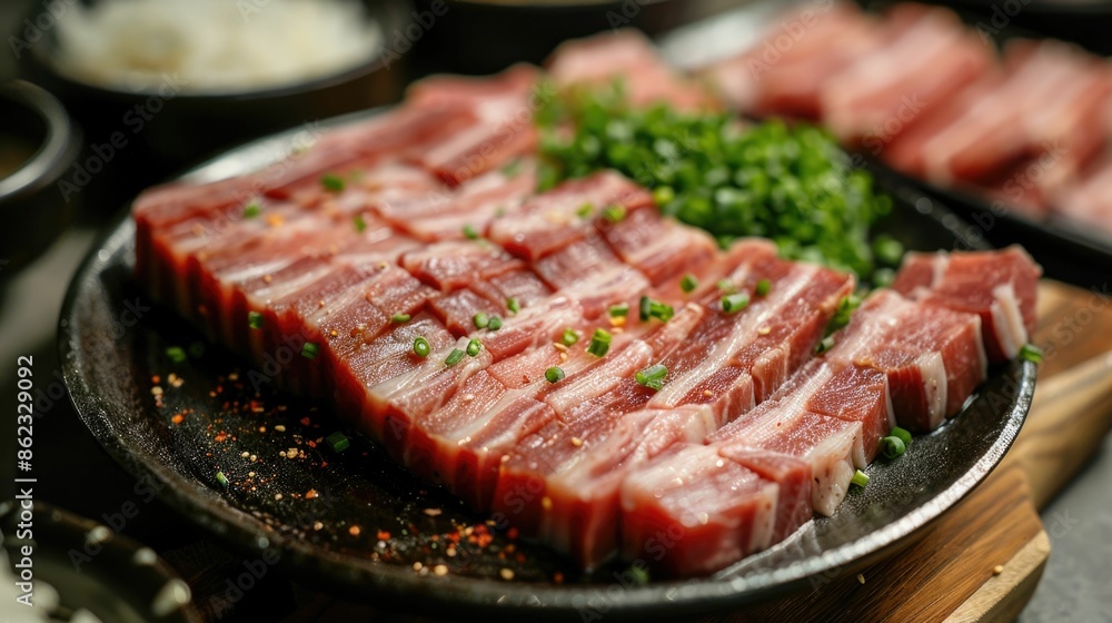 Thinly sliced pork belly arranged in a visually appealing manner on a platter creating a mouthwatering display of savory and fresh culinary delights Thinly sliced pork belly arranged in a visually appealing manner on a platter creating a mouthwatering display of savory and fresh culinary delights