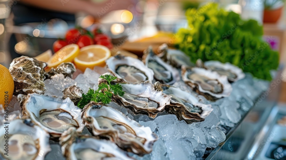 This image showcases a beautifully presented oyster bar filled with a diverse array of fresh succulent oysters arranged on a bed of ice This image showcases a beautifully presented oyster bar filled with a diverse array of fresh succulent oysters arranged on a bed of ice
