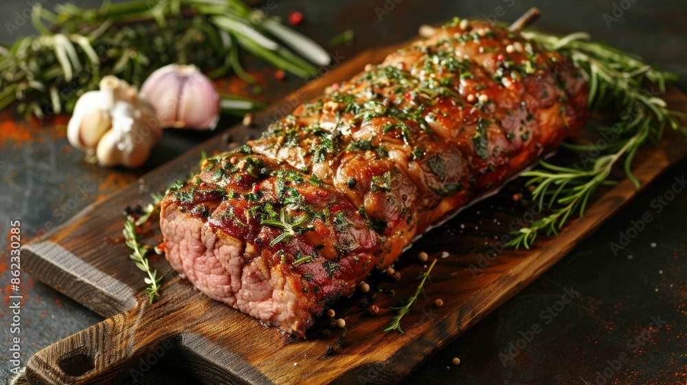 Delectable pork loin roast seasoned with aromatic herbs and fragrant garlic presented on a wooden cutting board for a mouthwatering culinary display Delectable pork loin roast seasoned with aromatic herbs and fragrant garlic presented on a wooden cutting board for a mouthwatering culinary display