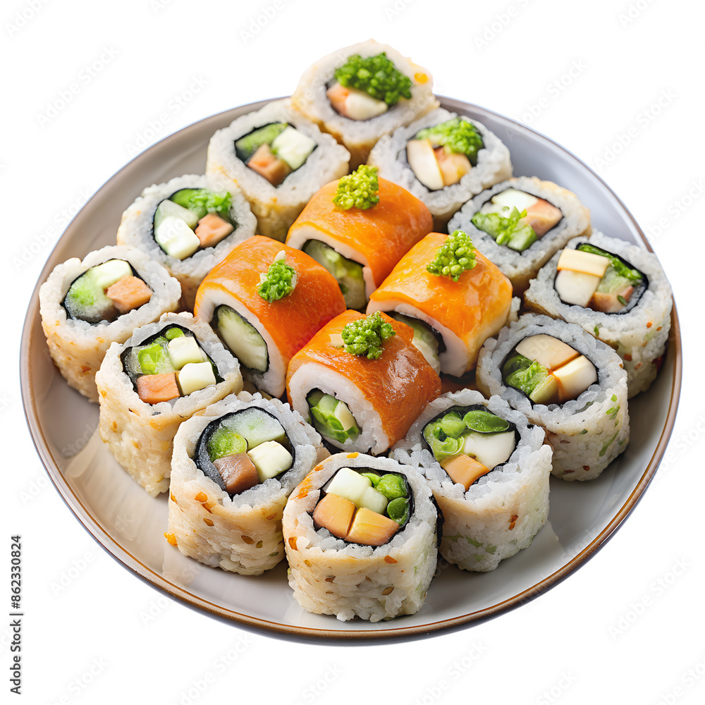 A plate of assorted sushi rolls beautifully arranged, showcasing a variety of ingredients and garnished with green herbs. A plate of assorted sushi rolls beautifully arranged, showcasing a variety of ingredients and garnished with green herbs.