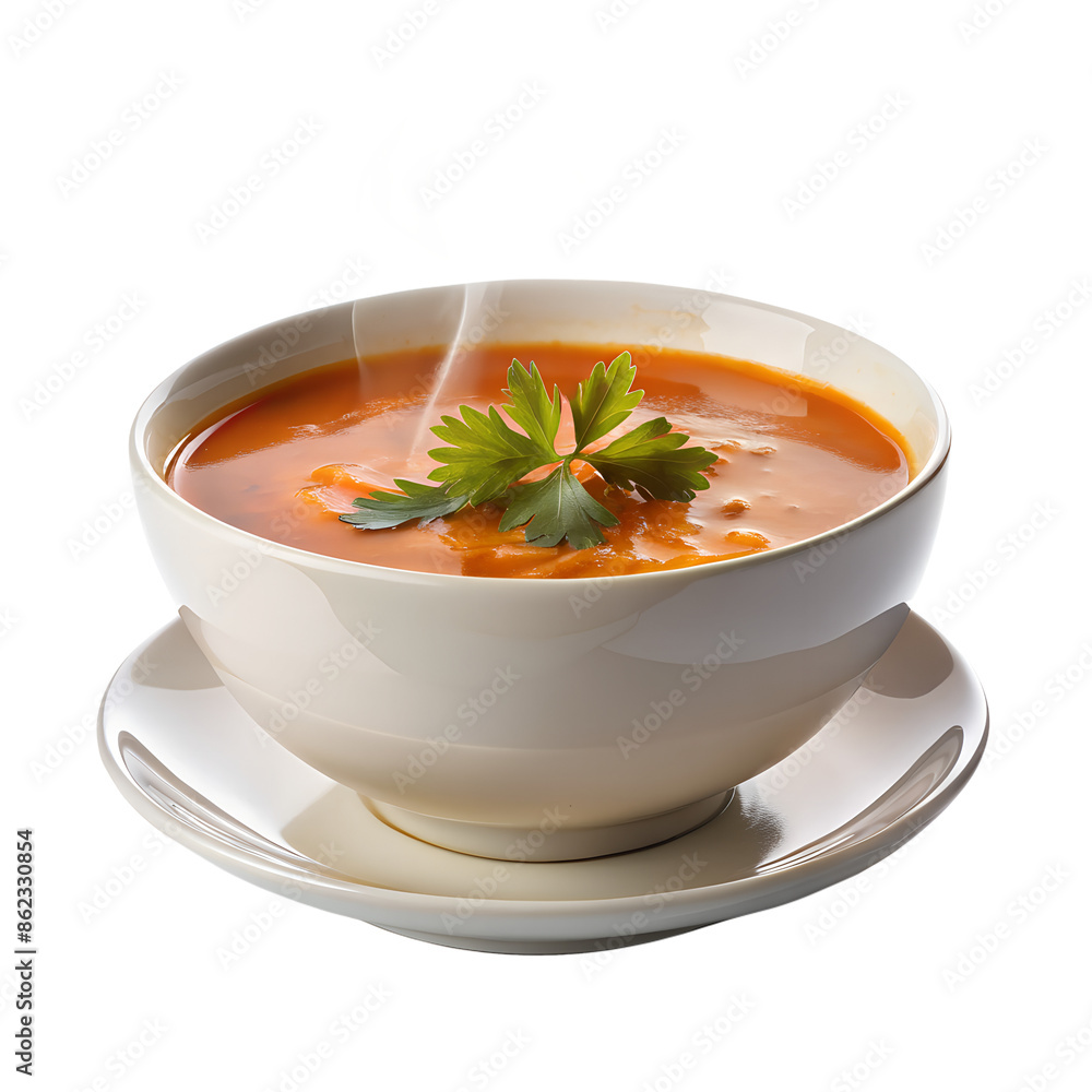 A steaming bowl of tomato soup garnished with fresh parsley, served in a white bowl on a matching saucer. A steaming bowl of tomato soup garnished with fresh parsley, served in a white bowl on a matching saucer.