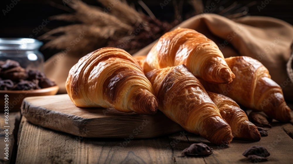 French croissants on a wooden background, closeup photography wallpaper French croissants on a wooden background, closeup photography wallpaper