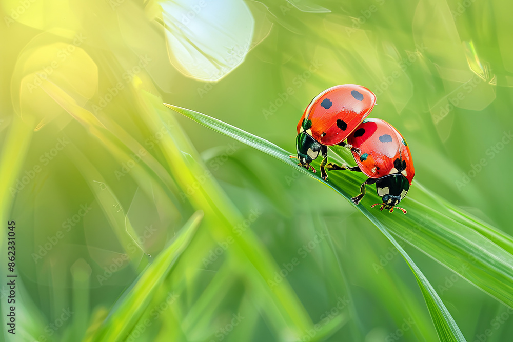 Spotted ladybugs perched on a blade of grass, perfect for nature-themed content Spotted ladybugs perched on a blade of grass, perfect for nature-themed content