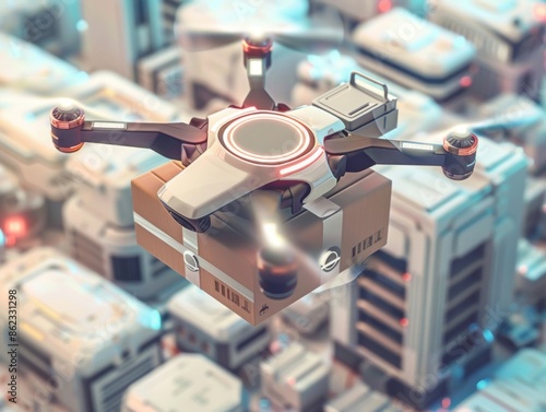 A futuristic drone delivering a package in an innovative logistics system 3D rendering photo
