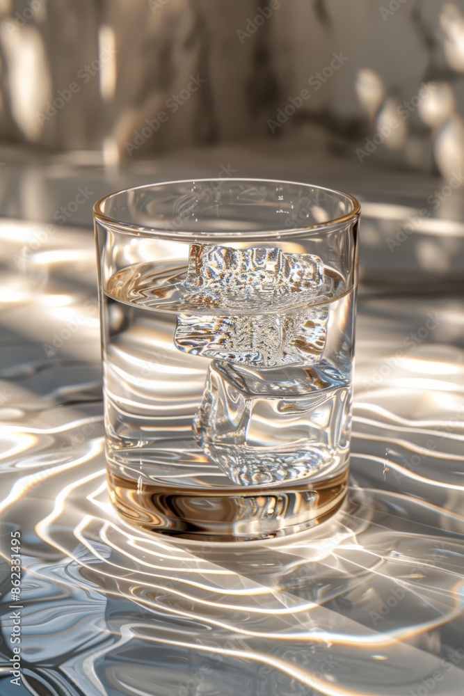 a glass of water with ice cubes sits on a table, framed by a white background. The water features subtle ripples and reflections, adding to the image's peaceful and refreshing vibe. a glass of water with ice cubes sits on a table, framed by a white background. The water features subtle ripples and reflections, adding to the image's peaceful and refreshing vibe.