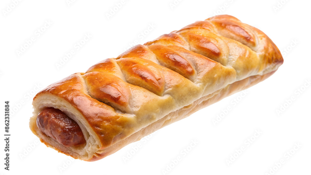 Delicious sausage roll with golden brown pastry, perfect for a quick snack or meal. Isolated on a white background, ready to eat. Delicious sausage roll with golden brown pastry, perfect for a quick snack or meal. Isolated on a white background, ready to eat.