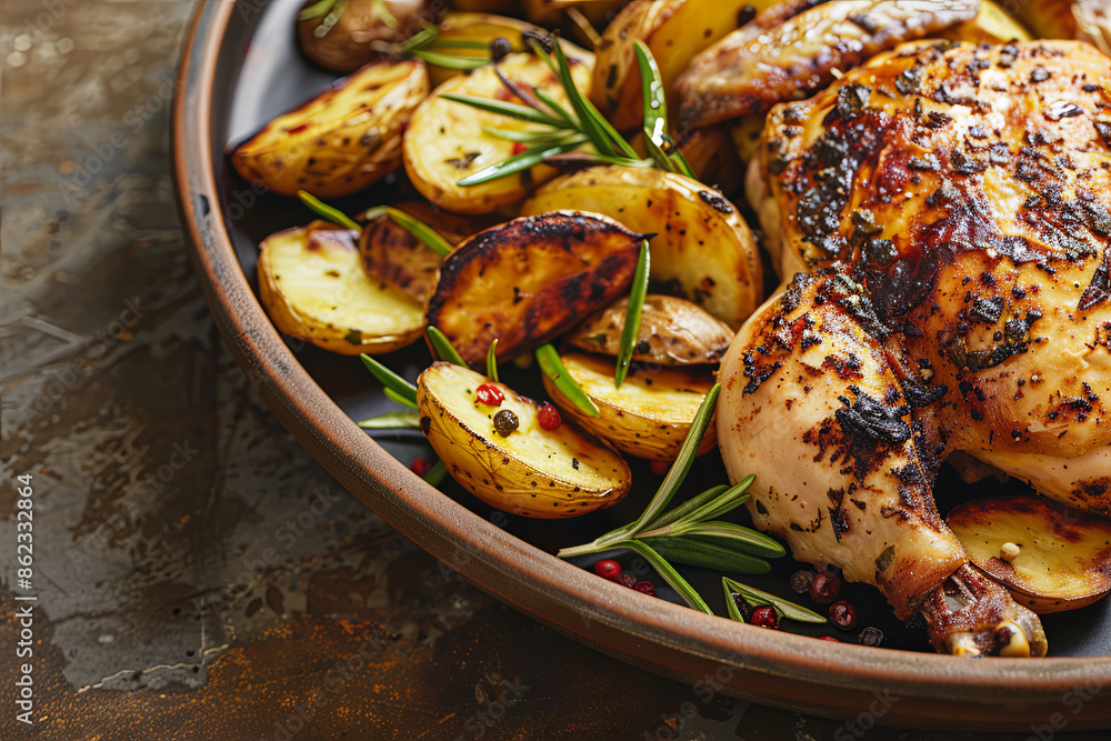 Chicken with roasted potatoes, delicious meal concept Chicken with roasted potatoes, delicious meal concept