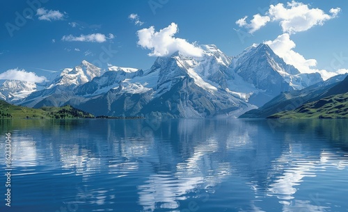 Picturesque Swiss Alps Lake Reflection On Sunny Day