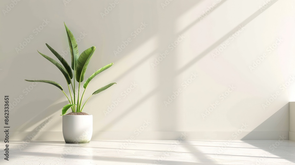 Fototapeta premium A white room with a large potted plant in the center. Generate AI image