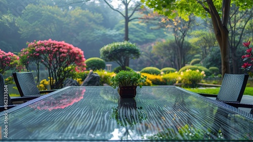 Empty glass patio table and empty chairs on a outdoor terrace . Glass tabletop, close up. Beautiful garden background photo