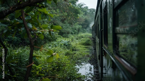 The dense foliage of the wetlands envelops the train in a natural tunnellike setting.