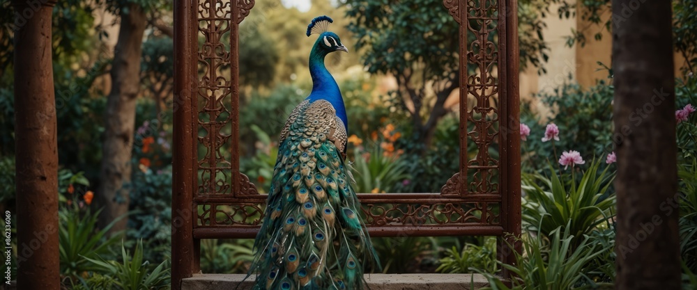 Fototapeta premium Chinoiseries peacock, Birds Palace garden royal Wallpaper moroccan decorative garden with peacock frame.