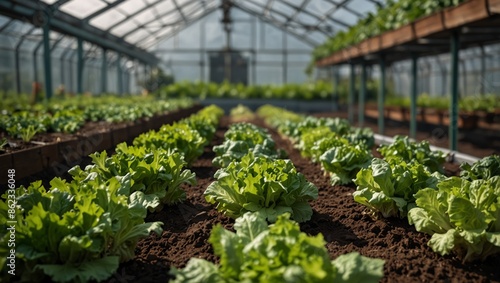 Organic vegetable garden with fresh lettuce planted in eco friendly greenhouse. photo