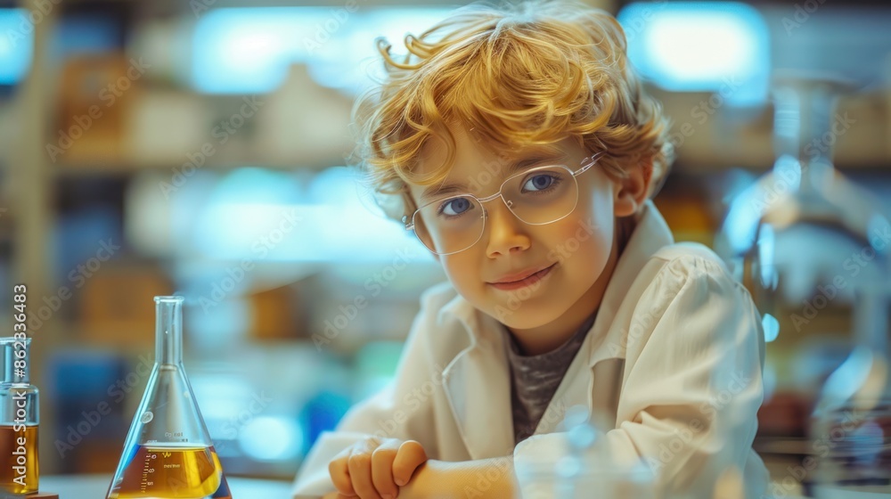Curious Young Scientist in Lab - A young boy wearing a lab coat and glasses, surrounded by beakers and test tubes, exploring science in a laboratory. Curious Young Scientist in Lab - A young boy wearing a lab coat and glasses, surrounded by beakers and test tubes, exploring science in a laboratory.