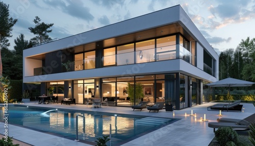 A stunning modern luxury house with large windows, outdoor pool, and twilight setting for upscale living AIG59