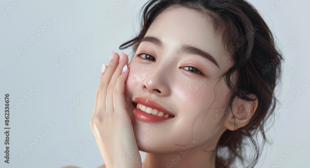 A beautiful Asian woman, with a happy and cheerful demeanor, touches her soft cheek, revealing her clean and fresh skin. Isolated against a white background. A beautiful Asian woman, with a happy and cheerful demeanor, touches her soft cheek, revealing her clean and fresh skin. Isolated against a white background.